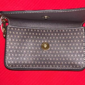 DKNY EC Monogram Dark Chocolate and Tan Clutch gold accent 7” x 4” x 1.25”